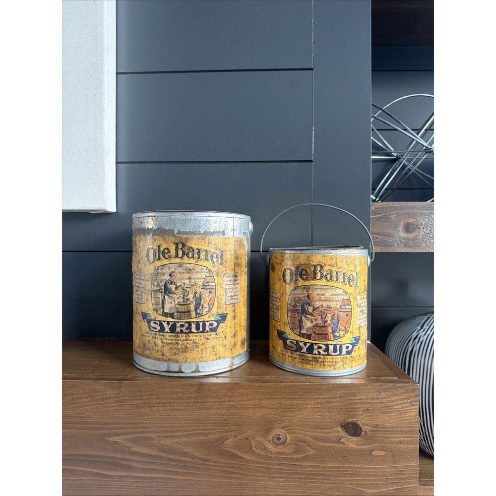 VTG 1950s Ole Barrel Syrup Tins 10 LB 5 LB Lancaster PA Advertising Pair Grocery